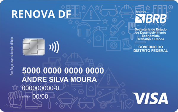 Cartão pré-pago BRB Renova DF na cor azul com chip, símbolo de aproximação e bandeira Visa, emitido em parceria com a Secretaria de Estado de Desenvolvimento Econômico, Trabalho e Renda do Governo do Distrito Federal.