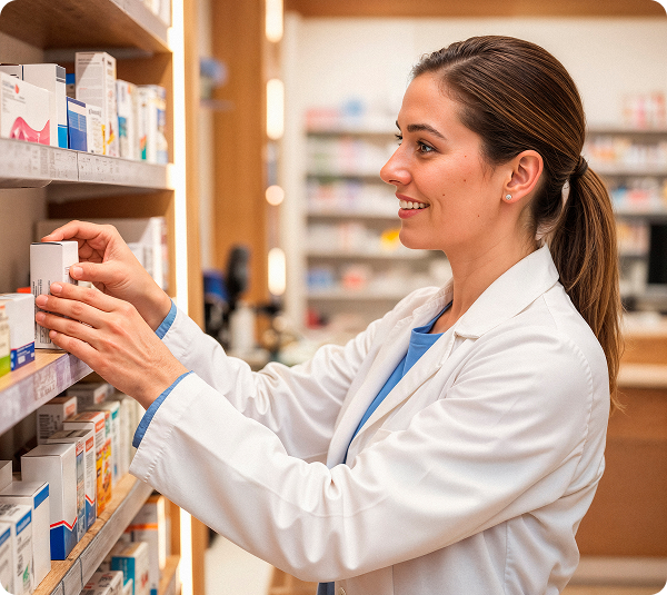 Farmacêutica de jaleco branco sorrindo enquanto organiza medicamentos nas prateleiras de uma farmácia.