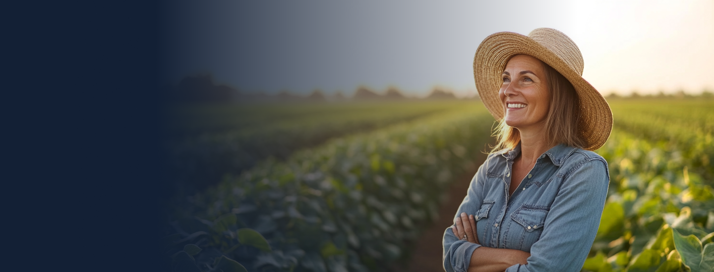 Mulher adulta de chapéu de palha e camisa jeans sorrindo com os braços cruzados em meio a uma plantação verde.