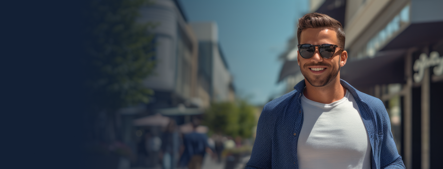 Homem jovem de óculos de sol sorrindo em calçada urbana ensolarada com prédios ao fundo.