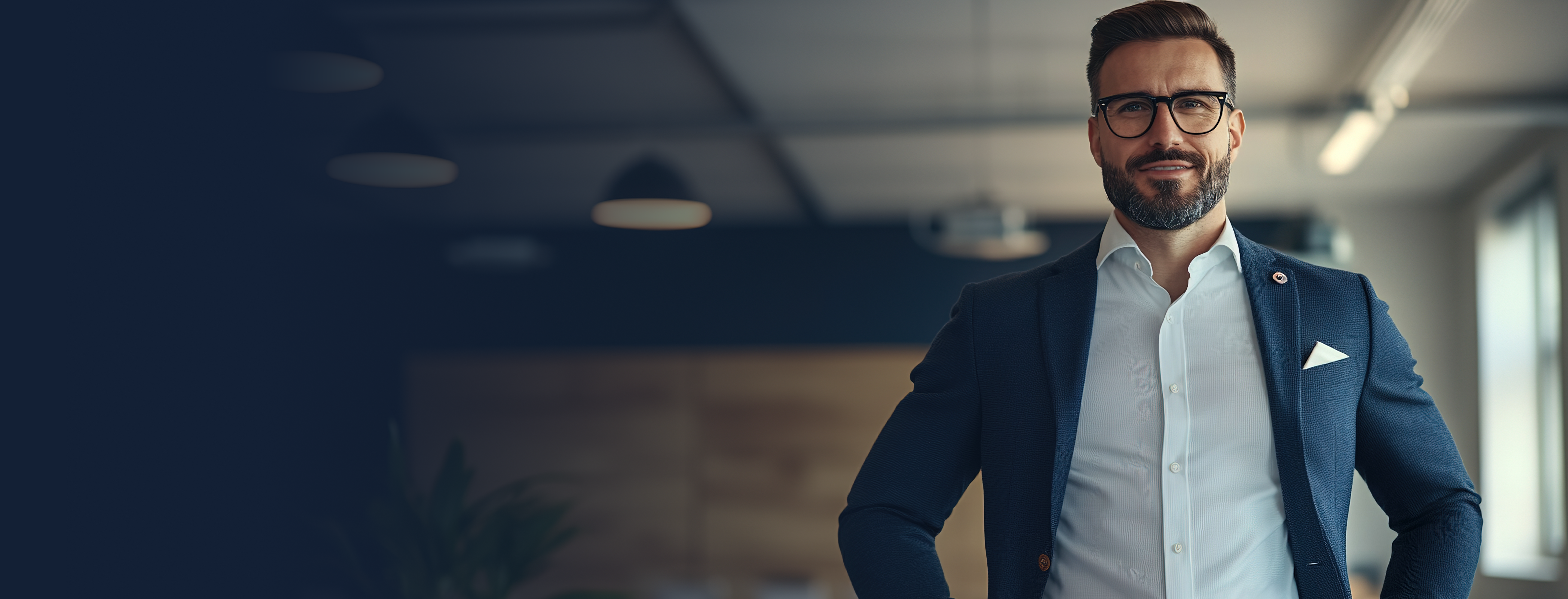 Homem adulto de blazer azul marinho, camisa branca e óculos sorrindo em ambiente corporativo moderno.