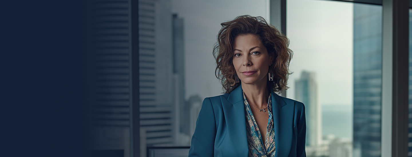 Mulher adulta de blazer azul-petróleo e cabelos cacheados posando com expressão confiante em escritório com vista para arranha-céus.