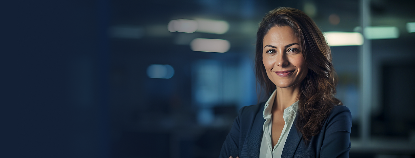 Mulher adulta de blazer azul marinho e cabelos castanhos sorrindo em ambiente corporativo com iluminação azulada ao fundo.