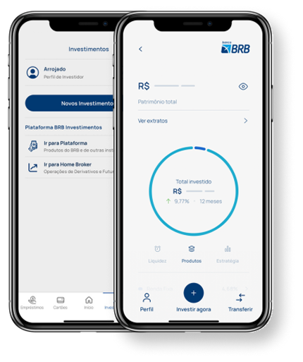 Dois smartphones exibindo telas do aplicativo BRB com informações de investimentos e patrimônio total.