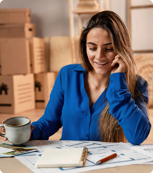 Mulher jovem sorrindo enquanto analisa plantas e documentos em uma mesa, com caixas de mudança ao fundo.