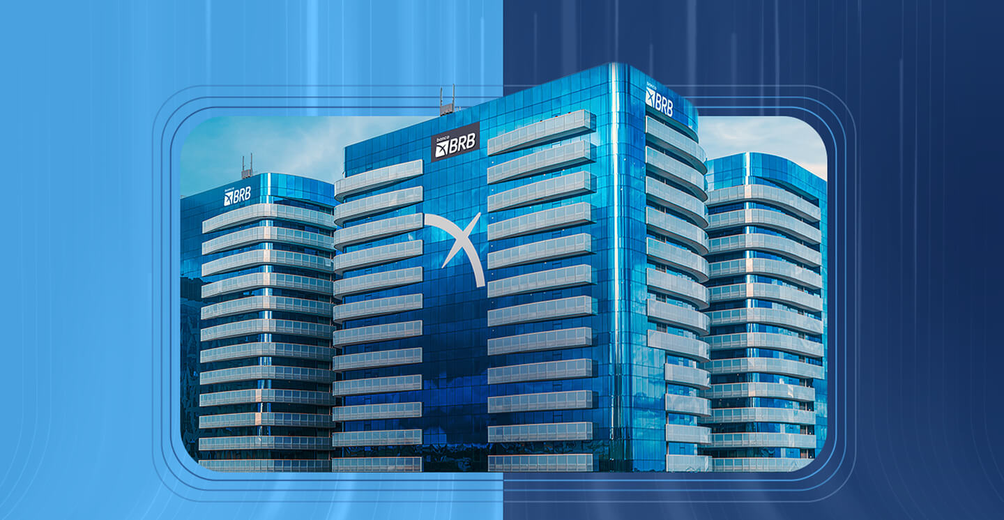 Fachada de um edifício moderno de vidro azul com o logotipo do Banco BRB, emoldurado por uma borda arredondada sobre um fundo tecnológico azul.