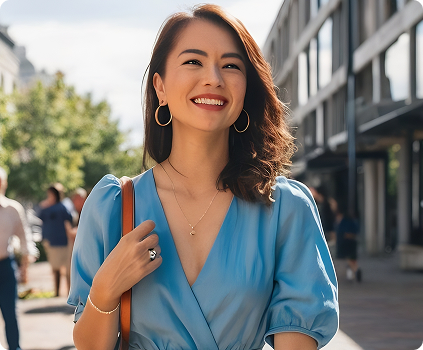 mulher sorridente, com camisa azul claro, bolsa no obro olhando para o horizonte